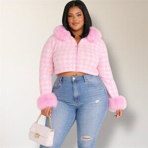New Show Me Your MuMu Zermatt Zip Up Jacket‎ 3X Pink Houndstooth Faux Fur Y2K